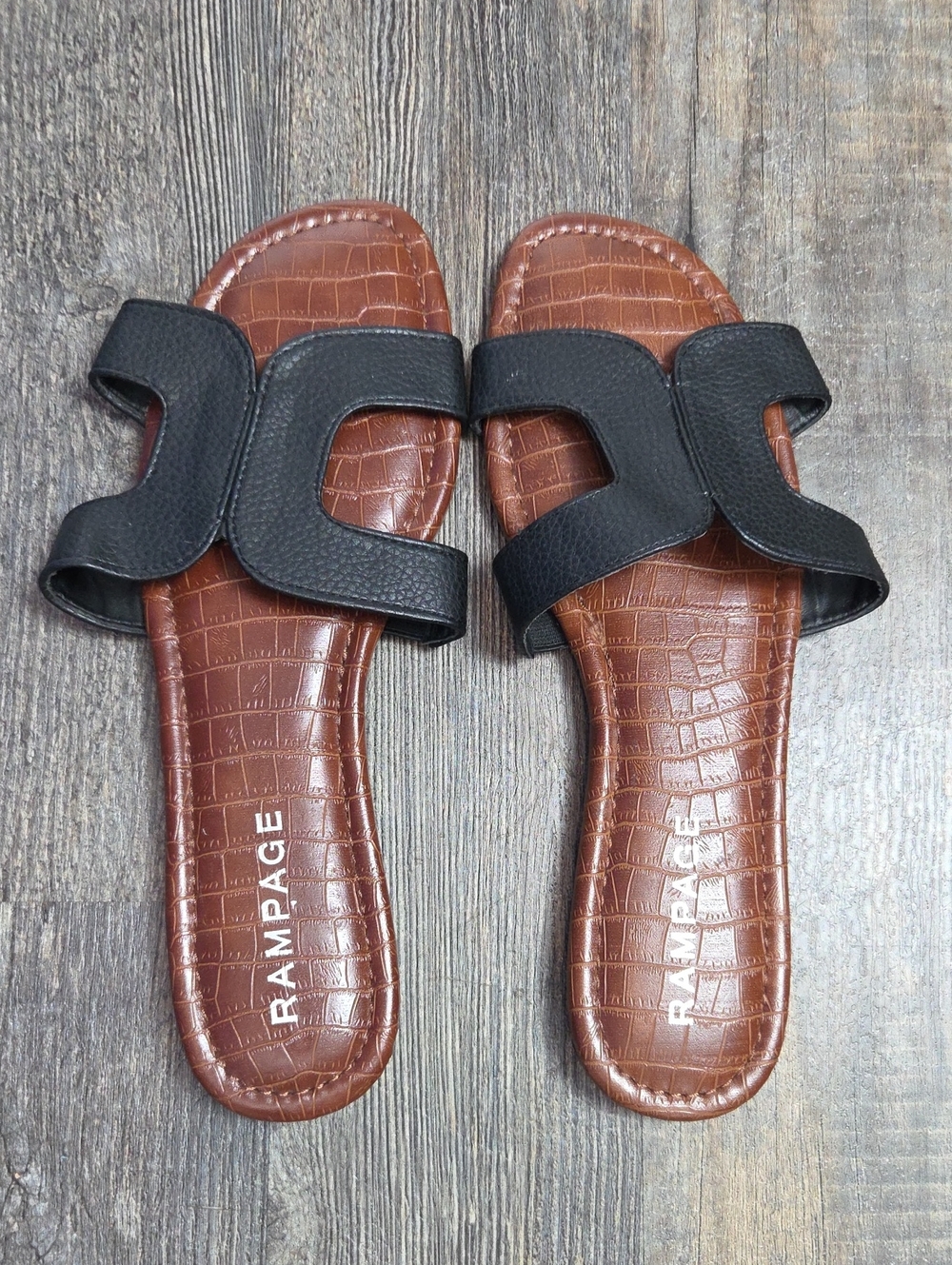 Rampage Black & Brown Croc-Embossed Slide Sandals